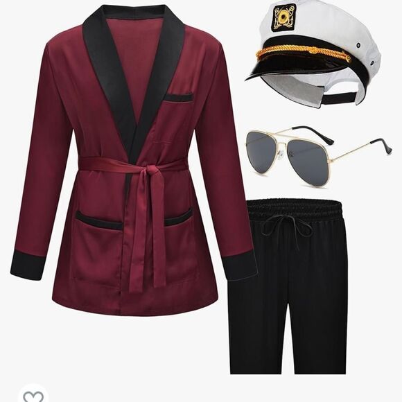 Red Silk Robe Jacket and Black Pants,Captain Hat,Costume Accessories for Adult - Picture 3 of 7